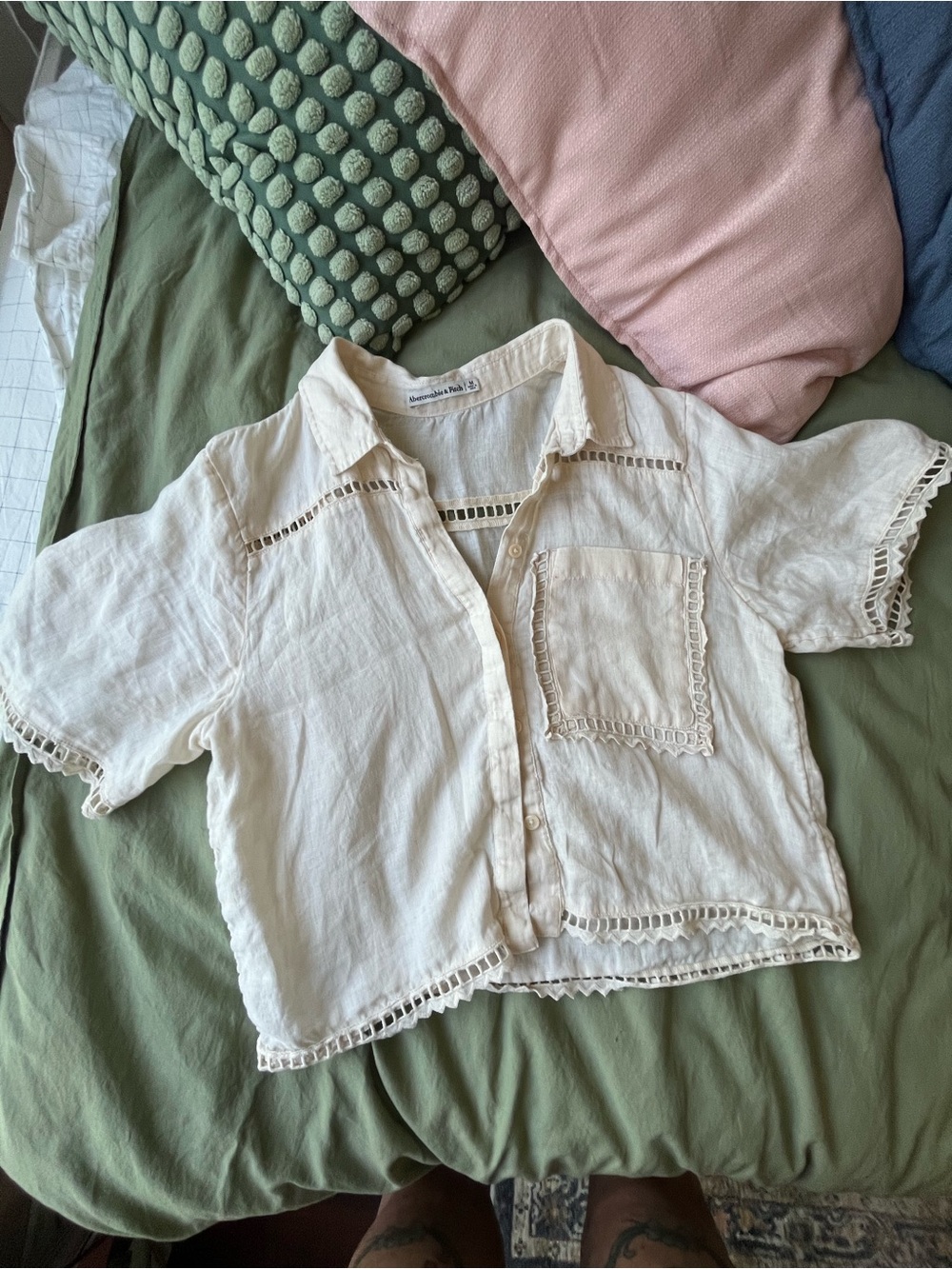Light Cream Linen-Blend Crochet Trim Button-Up Top - Picture 1 of 6